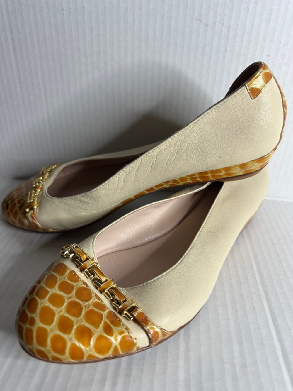 Taryn Rose Ivory Leather & Amber Lizard Print Flats